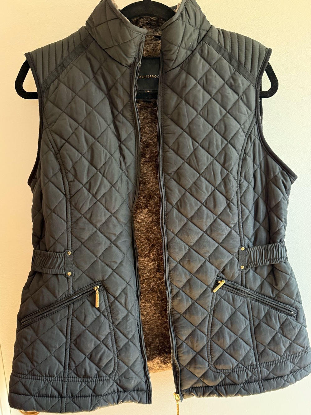 Weatherproof Quilted Vest in Black with Faux-Fur Lining